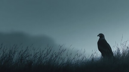 Fototapeta premium Majestic eagle silhouette perched in tall grass against a moody. overcast sky. capturing a serene