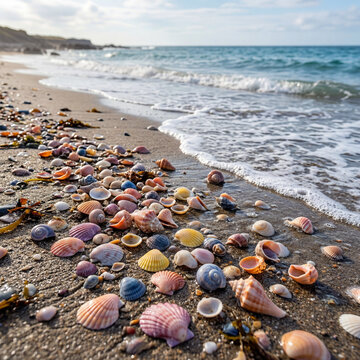 A Collection of Colorful Seashells Along the Shore No Human Beautiful and Diverse Beach Treasures