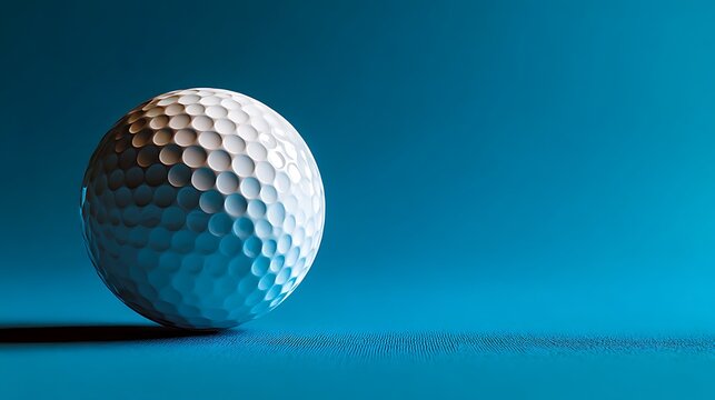 Close up of a dimpled white golf ball on a textured blue surface with soft studio lighting. 3D ren