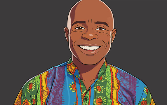 Cartoon portrait of smiling bald Black man in ethnic print shirt