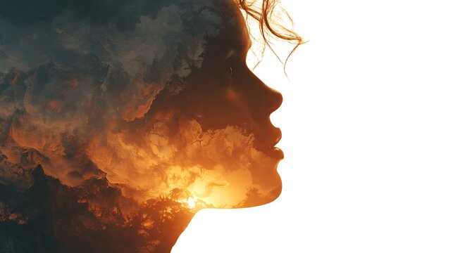 Double exposure profile silhouette of a woman s face filled with vibrant orange sunset clouds and