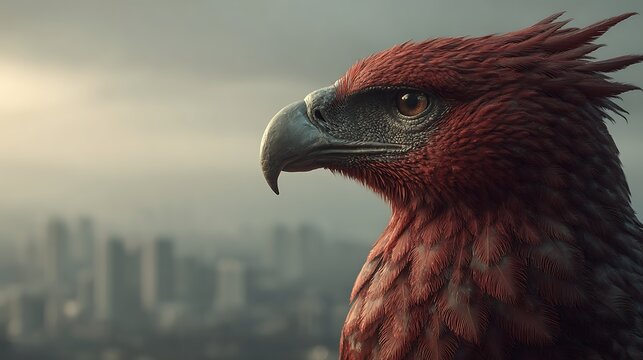 Detailed portrait of a majestic red eagle with sharp focus and a blurred cityscape background