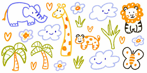 whimsical safari animal doodles playful hand drawn illustration on white © Ajay