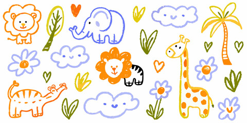 whimsical safari animal doodles colorful crayon style illustration © Ajay