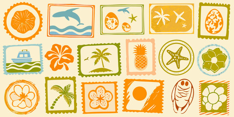 Retro travel stamps collection hand drawn style with tropical motifs © Ajay