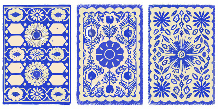 talavera style tiles set of three blue and white ceramic patterns