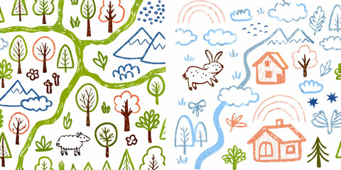 Naklejka premium childlike countryside scene crayon drawing style with white background