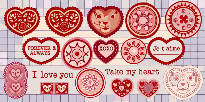 Collection of romantic papercut heart stickers with floral and animal designs