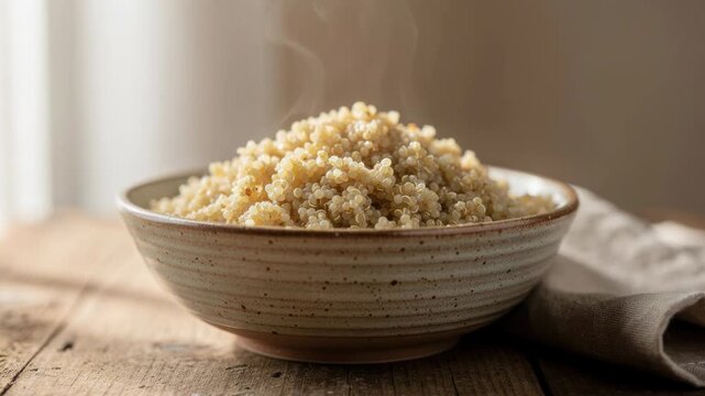 Close up of cooked quinoa in a rustic ceramic bowl on wooden table with natural light