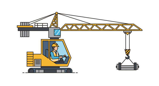 Construction crane with operator lifting object against white background