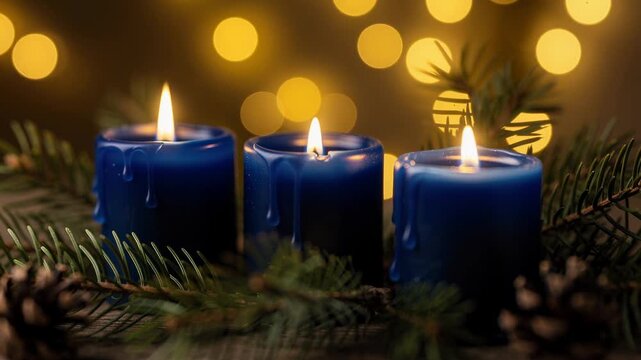 Blue candles with pine branches and warm glowing lights for cozy holiday and Christmas decoration