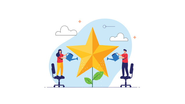 Team of two business people water a massive gold star growing like a plant representing the nurturing of success and high quality standards.