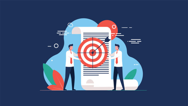 Two professionals hold a target in front of a long scrolled document representing contract targets and achieving specific business milestones.