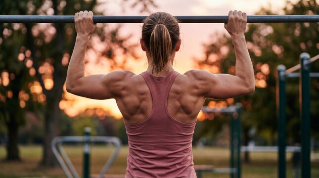 Muscular woman doing pull ups outdoors at sunset for fitness training.