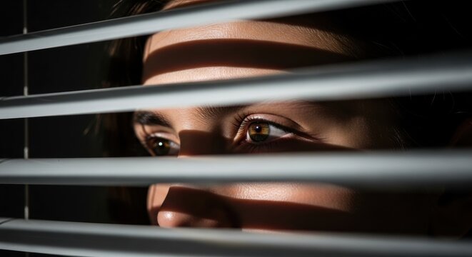Woman looking through window blinds. Person peeking outside through home shutters. Human eyes watching from darkness. Concept of curiosity, suspicion, privacy, isolation, and vigilance.