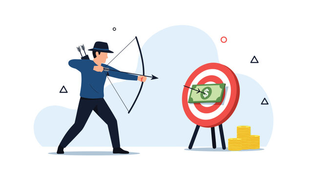 Focused archer in a hat aims his bow at a target with a dollar bill attached to illustrate precision in finance.
