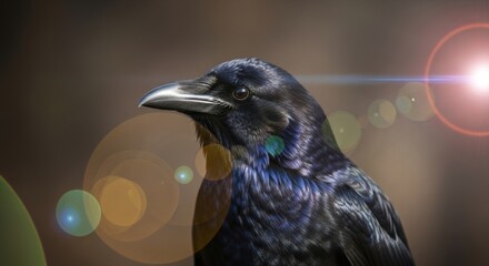 Obraz premium Portrait of black raven with sun flare. Close up of wild bird head with iridescent feathers. Nature wildlife photography, avian animal in forest light, mystery and wisdom concept.