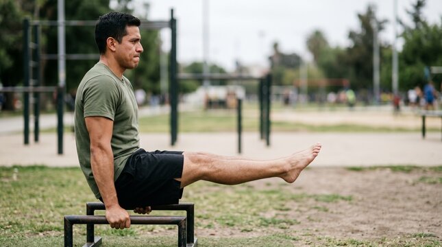 Fit man performing L-sit exercise on parallel bars in outdoor gym.