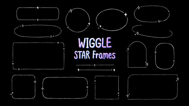 Set of Hand Drawn Wiggle Star Frames, minimal sparkle monoline doodle frame borders, modern aesthetic animated loop elements, text box overlay, transparent background, alpha channel