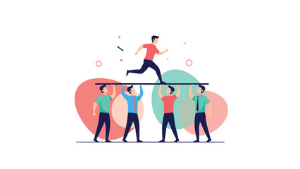 Obraz premium Teamwork and corporate support concept with four professional staff members holding a platform for their colleague to run.