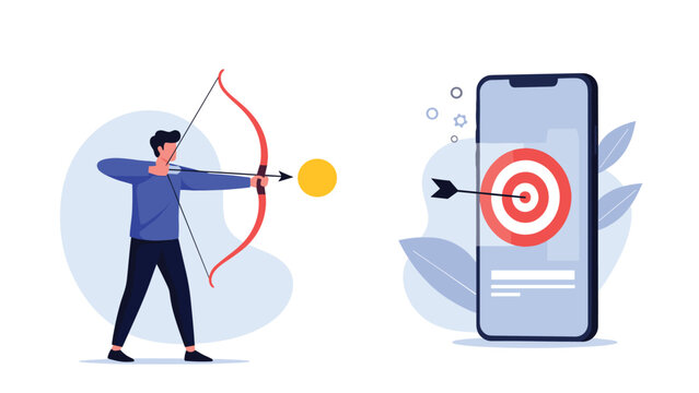Digital marketing and targeting concept with an archer aiming an arrow at a bullseye displayed on a modern smartphone screen.