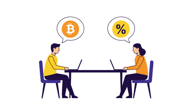 Cryptocurrency trading and financial discussion concept featuring a man and woman working on their laptops at a long table.
