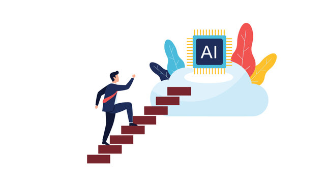 Ambitious businessman climbing a set of stairs leading to an artificial intelligence chip resting on a cloud representing technology.