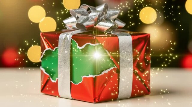Holiday gift box wrapped in red paper with silver ribbon and glowing magic light inside with torn wrapping