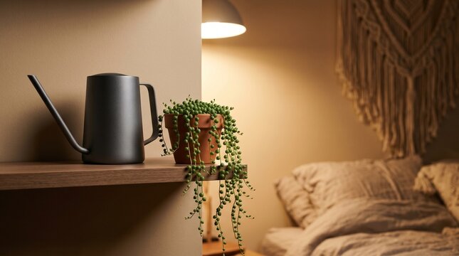 Modern watering can and string of pearls plant on wooden shelf in cozy bedroom