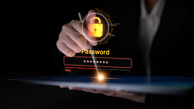 A concept of user authentication and password security. The interface shows a password strength meter, highlighting the importance of creating a strong code for account protection. Fermion