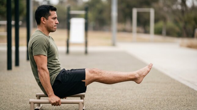 Fit man doing L-sit workout on parallel bars at outdoor gym.