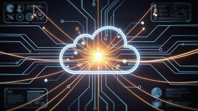 Glowing cloud computing network technology with digital data flow and futuristic circuit connections