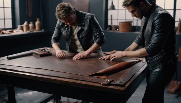 Two artists measuring leather at a messy but aesthetic crafting table - Minimal Background