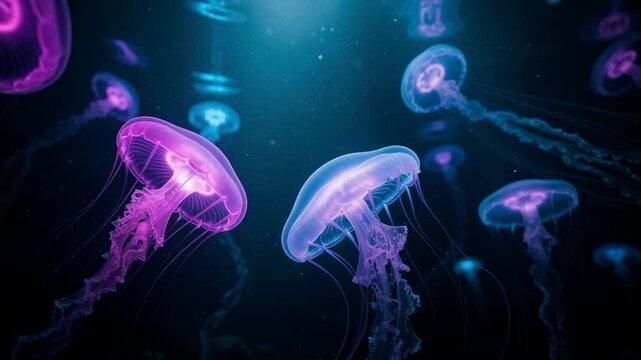 Glowing jellyfish swimming in dark ocean water with vibrant pink and blue colors