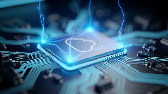 Close up of glowing cloud computing chip with digital data connections on circuit board technology concept