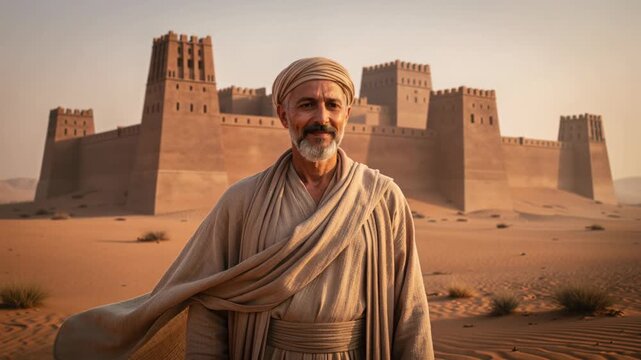 Middle Eastern man in traditional clothing standing in desert with ancient fortress background at sunset