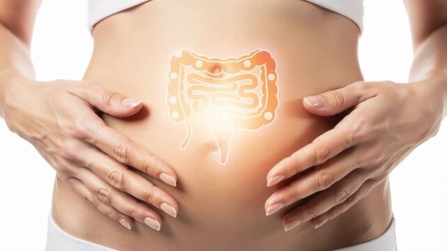 Close up of woman holding stomach with glowing digestive system illustration for gut health concept