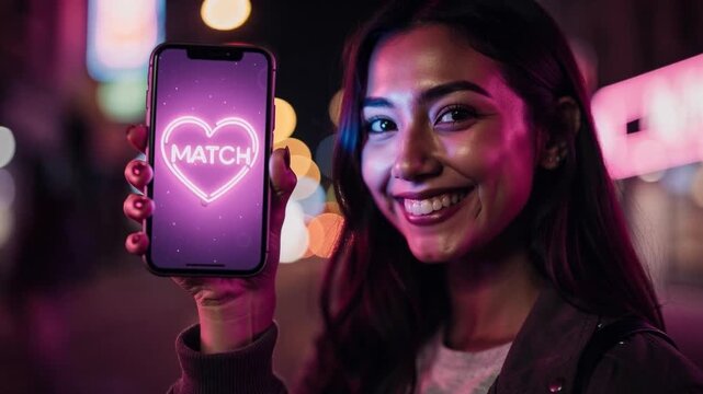 Smiling woman showing a smartphone with neon heart match symbol on city street at night