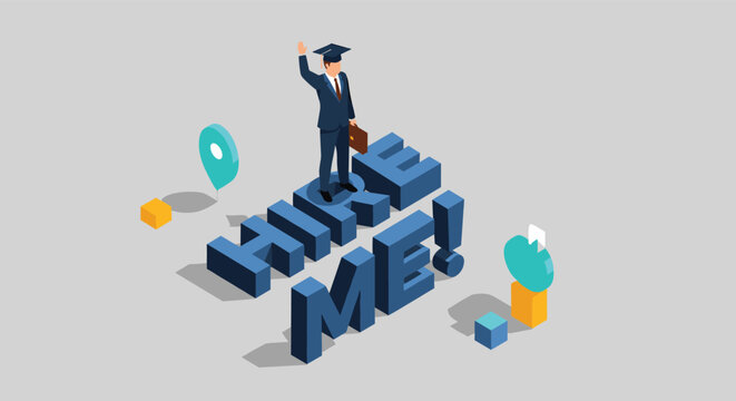 Graduate student in a suit standing on large hire me letters representing the job search and career opportunities after finishing university.