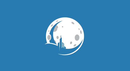 Moon with city skyline silhouette on blue background © wawa
