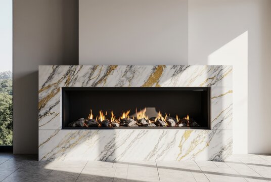 Modern minimalist fireplace with Calacatta marble mantel, orange flames and diagonal sunlight shadows in a refined contemporary interior setting

