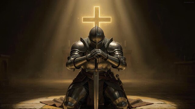 Medieval knight in shining armor kneeling and praying with glowing cross light in dark church interior