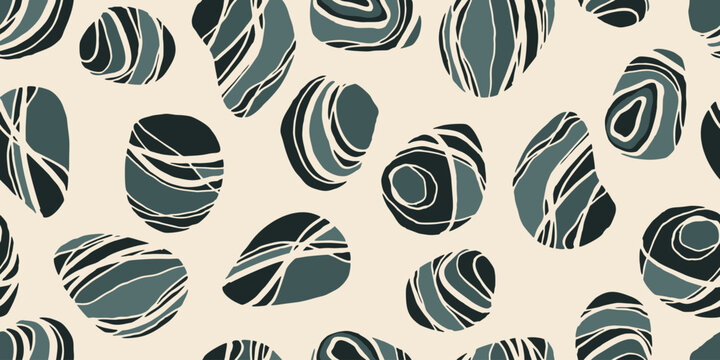 Abstract blue pebbles seamless pattern. Beautiful sea stones. For interior design and card, landscaping. Simple doodles stones texture.