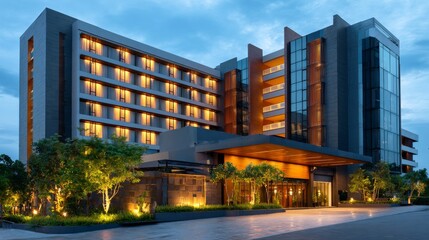 Obraz premium Luxury modern hotel exterior illuminated at dusk with elegant architectural design, warm ambient lighting, landscaped entrance and clear evening sky, premium business travel and tourism destination co