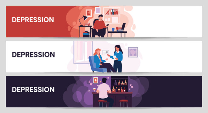 Set of horizontal banners depicting different scenarios of depression including isolation at work and seeking professional help at a bar.