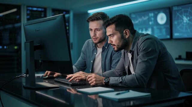 Two focused IT professionals working together on computer screens in modern office technology environment