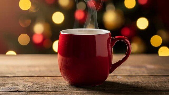 Steaming hot coffee in a red mug on rustic wooden table with festive blurred lights background