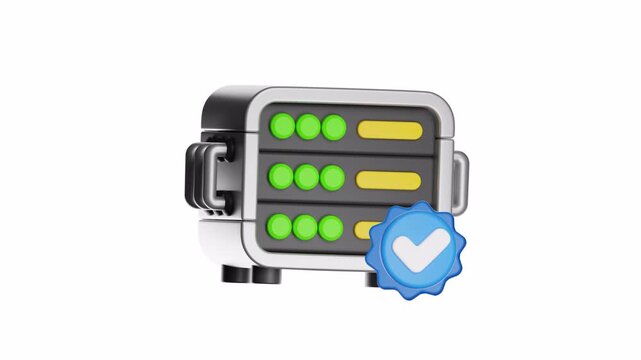 3d ux icon motion server rack with green lights and blue checkmark suitable for technology concepts, data storage, network security, it infrastructure, and cloud services.