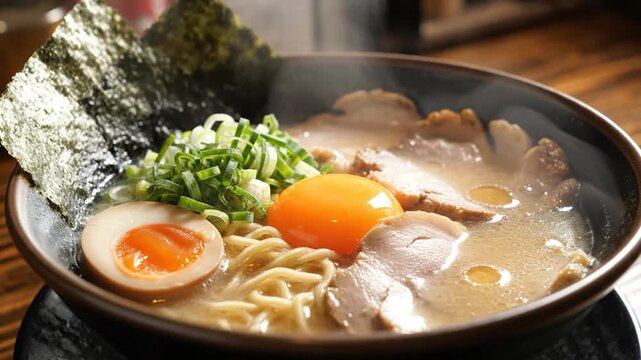 Delicious Steaming Japanese Ramen Bowl with Pork, Egg, and Seaweed.
