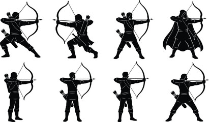 Silhouettes of archers in various shooting stances with bows and arrows, vector illustration symbolizing precision, skill, and competition © Muntaseer